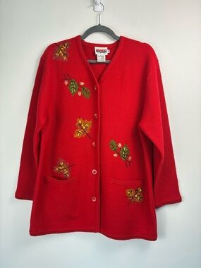 Vintage 100% Wool Embroidered Cardigan | Red Leaf Design